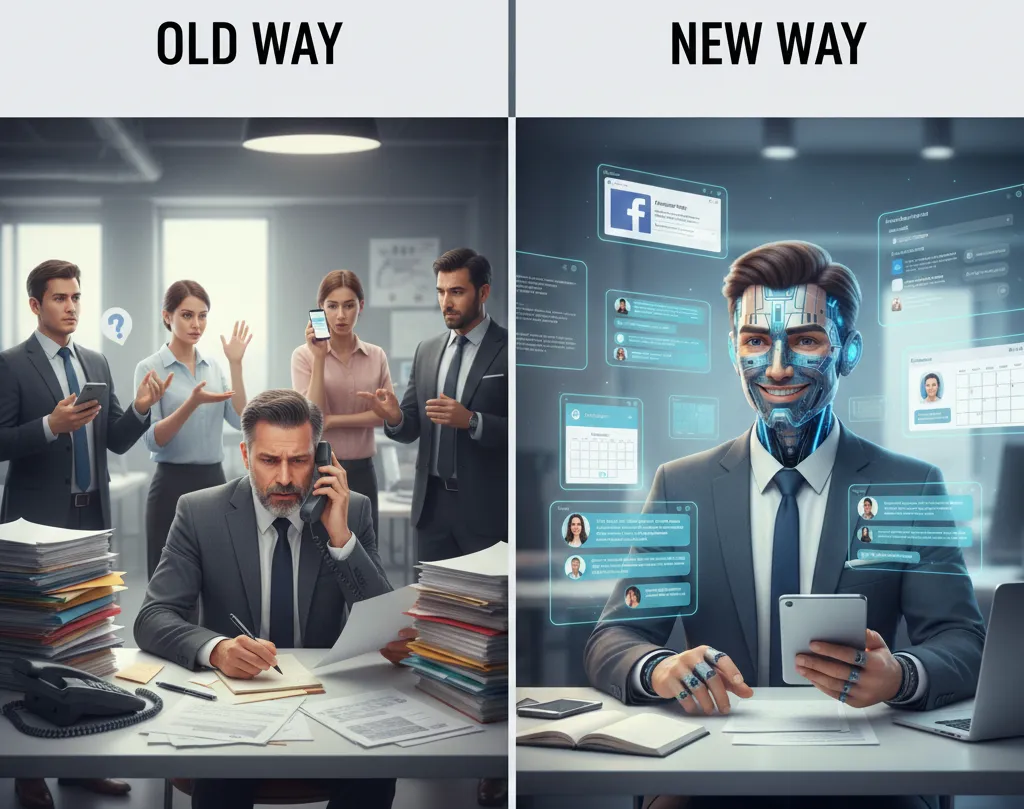 “Side-by-side screenshots showing real business improvement: before using AI (low leads, missed appointments), after using AI (fully booked calendar, automated follow-up). CTA to get similar results.”