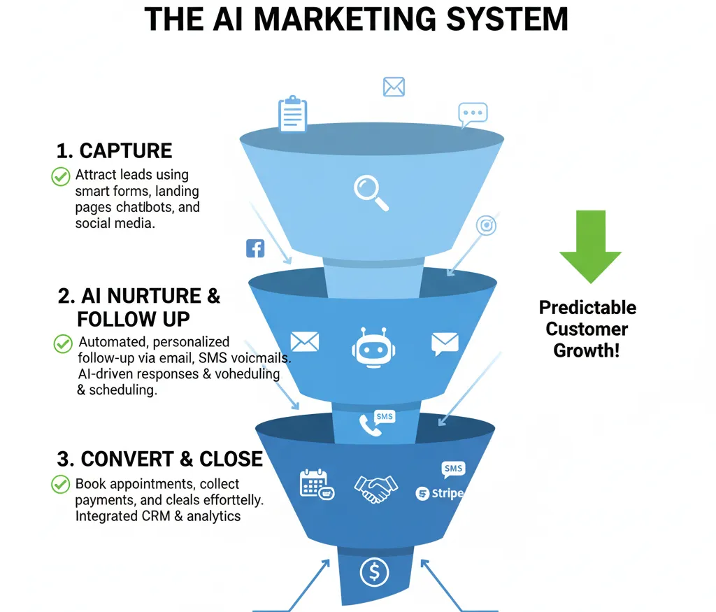 “Marketing funnel blueprint showing the full customer journey: from ad click to booked appointment, using AI to automate follow-up and maximize conversion. Illustrates how local businesses can stop losing leads.”