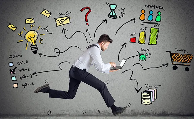“Stressed small business owner overwhelmed with client scheduling, poor online reviews, and inconsistent leads represents the pain AI marketing automation solves through follow-up systems, missed-call texts, and review requests.”