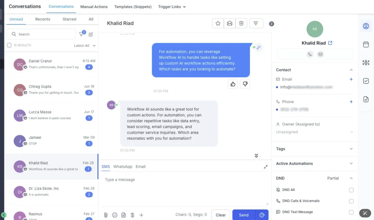 “Screenshot of AI-powered GoHighLevel CRM dashboard showing lead pipeline, automated tasks, SMS sequences, and real-time booking calendar. Demonstrates backend system behind the done-for-you marketing service.”