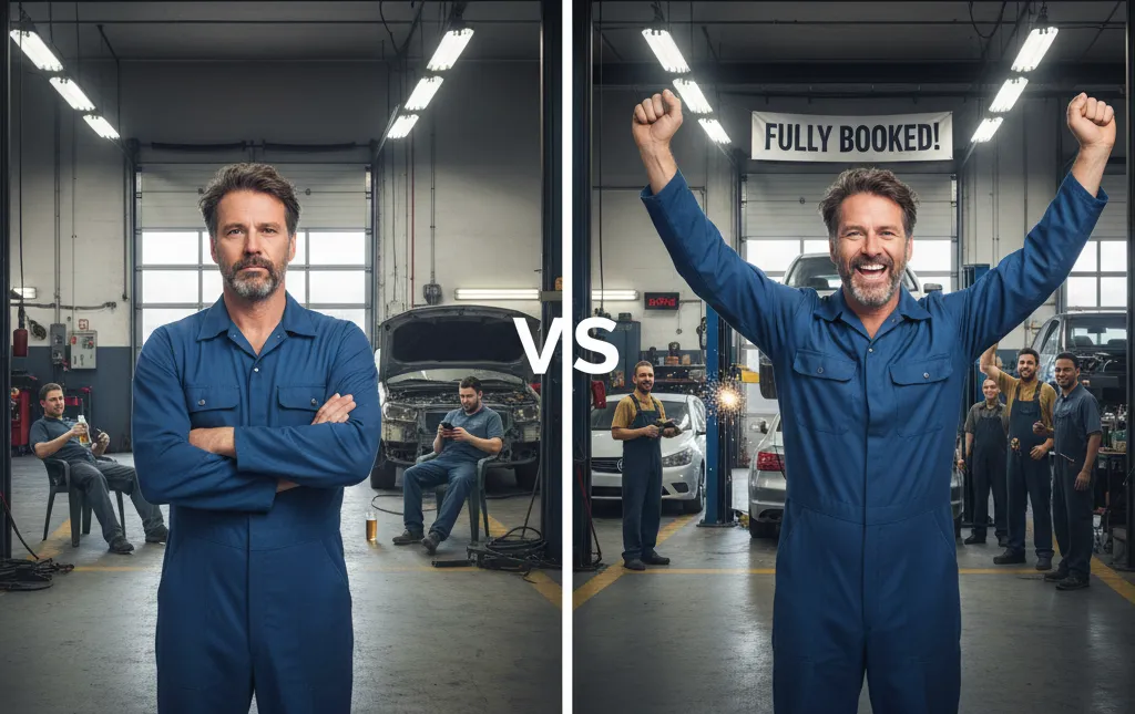 “Business owner smiling while using AI-powered marketing system that automates follow-up, books appointments, and boosts customer reviews.”