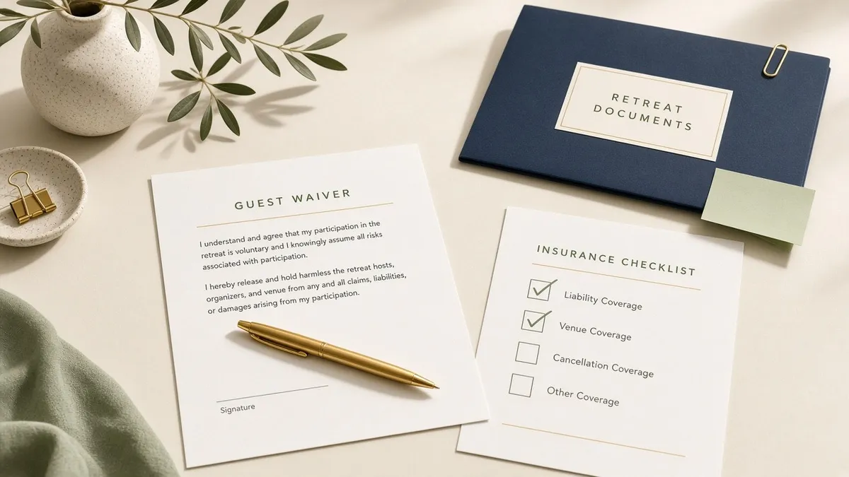 A printed guest waiver with a gold pen beside an insurance checklist and a navy retreat-documents folder on a cream desk.