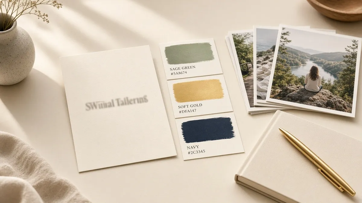 Brand color chips in sage, gold, and navy sit beside a one-liner card and printed retreat photos on a cream desk.