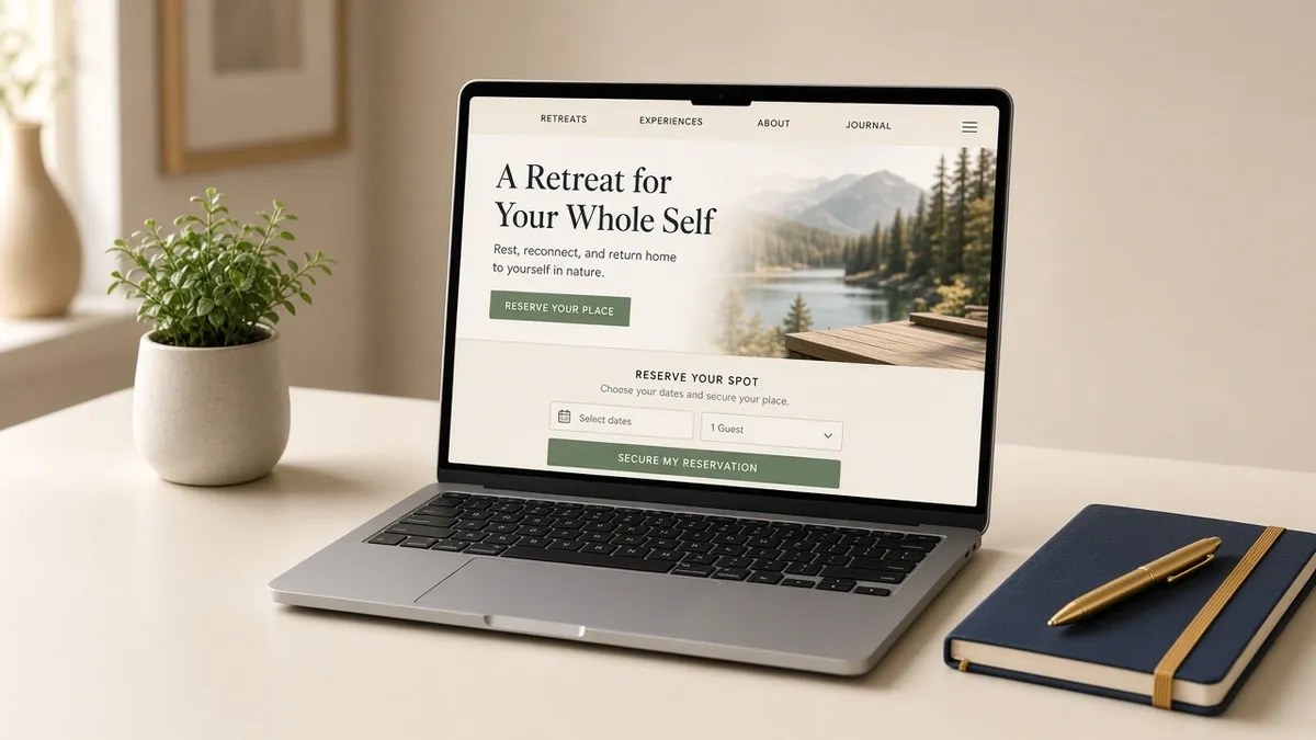 An open laptop shows a retreat sales-page mockup with a nature hero, sage CTA, and reservation checkout on a cream desk.