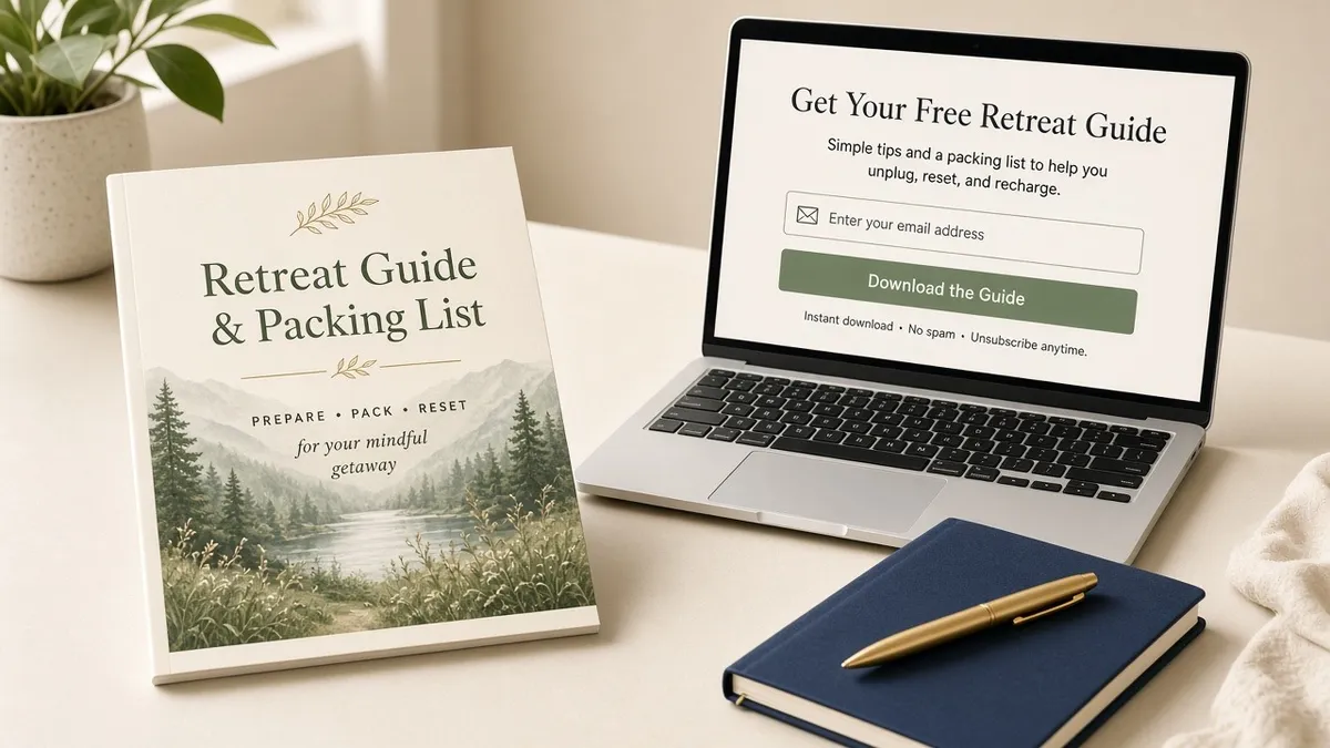 A printed Retreat Guide and packing list stands beside a laptop email opt-in form with a sage Download button on a cream desk.