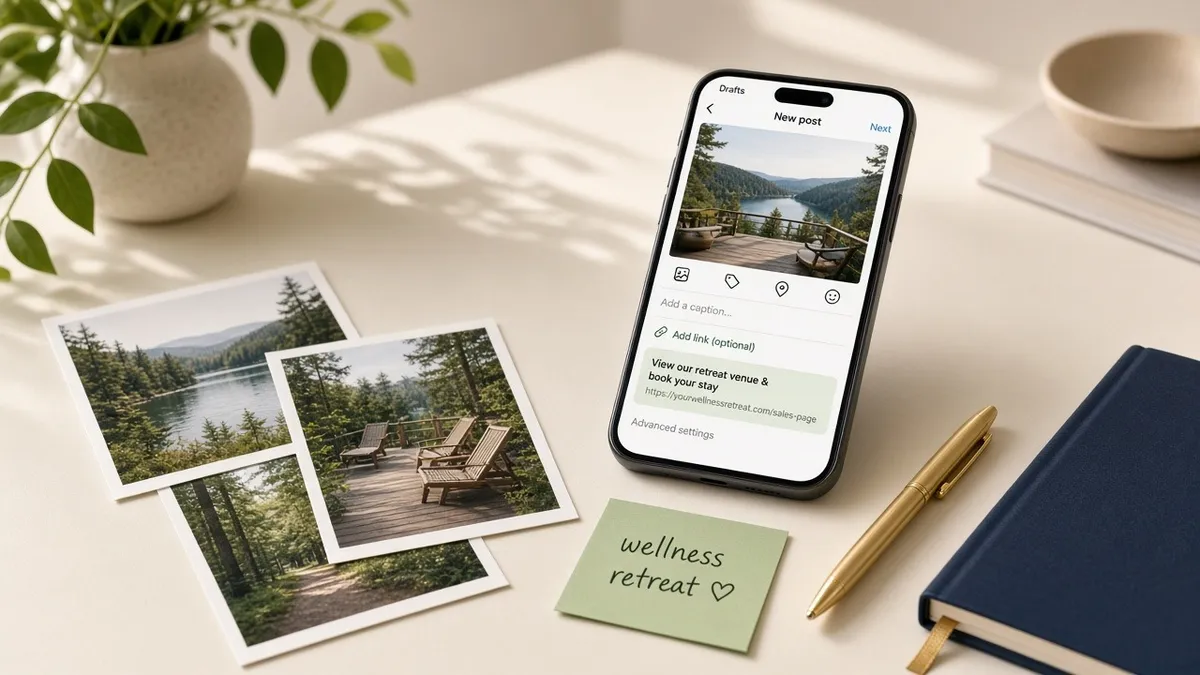 A smartphone on a cream desk shows an Instagram post draft with a lakeside venue photo and a sales-page link, beside printed venue photos, a sage sticky note, and a gold pen.
