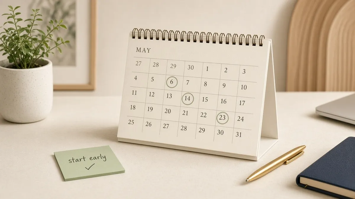 A cream desk calendar with sage-circled dates sits beside a sage sticky note reading start early and a gold pen.