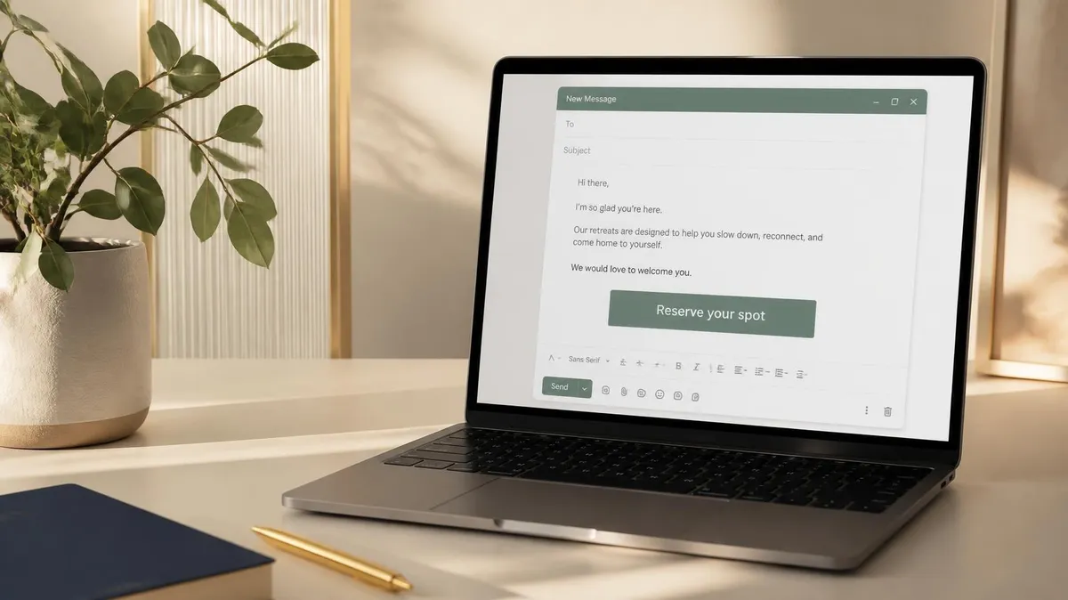 An open laptop on a cream desk shows a booking email draft with a sage Reserve your spot button, beside a gold pen, navy notebook, and a small plant.