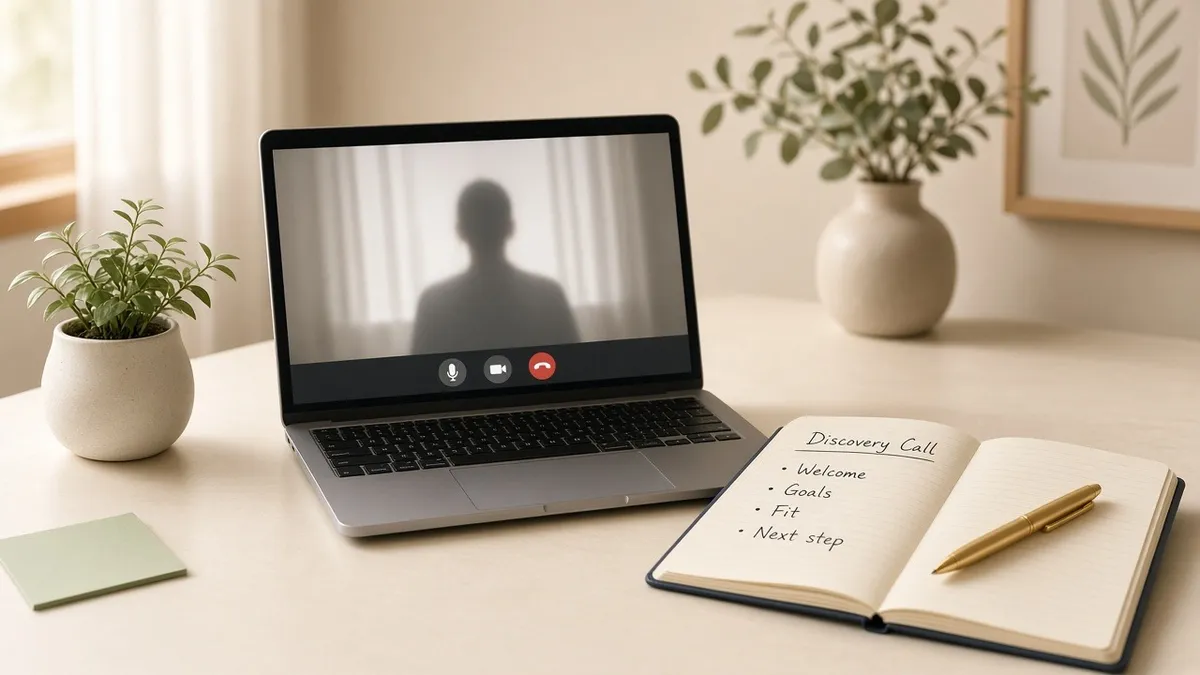 A laptop on a cream desk shows a calm video call beside an open notebook with a short discovery-call outline and a gold pen.
