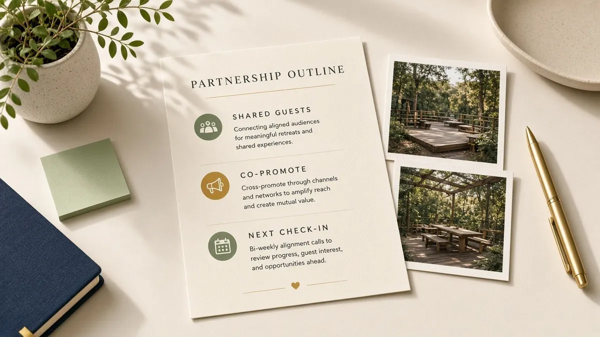 A printed partnership outline sits on a cream desk beside venue photos, a gold pen, and a sage sticky note.