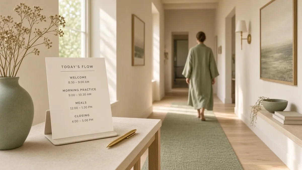 A printed day sheet and gold pen sit in the foreground of a quiet cream hallway as a retreat leader walks ahead in soft morning light.