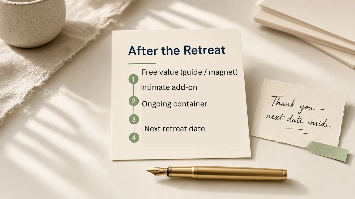 A printed After the Retreat offer-ladder card sits on a cream desk beside a gold fountain pen and a short thank-you note in soft afternoon light.