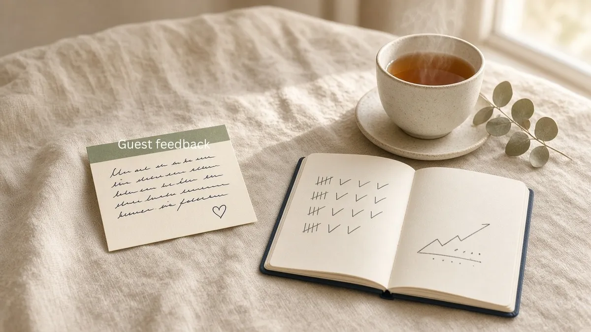 A handwritten guest feedback card and a small monthly results notebook rest on a linen tablecloth beside a cup of tea in soft morning light.