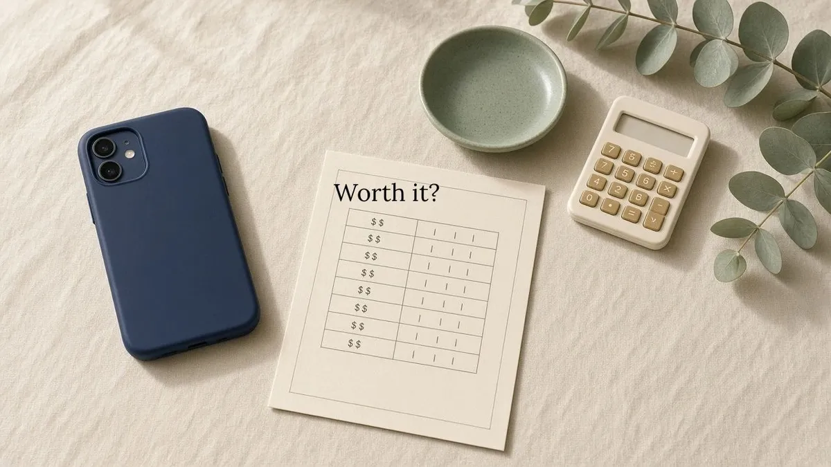 A navy phone lies face-down on a cream linen table beside a worksheet titled "Worth it?" with a two-column table of costs and tally marks, a small calculator, a sage ceramic dish and a sprig of eucalyptus in soft morning light.