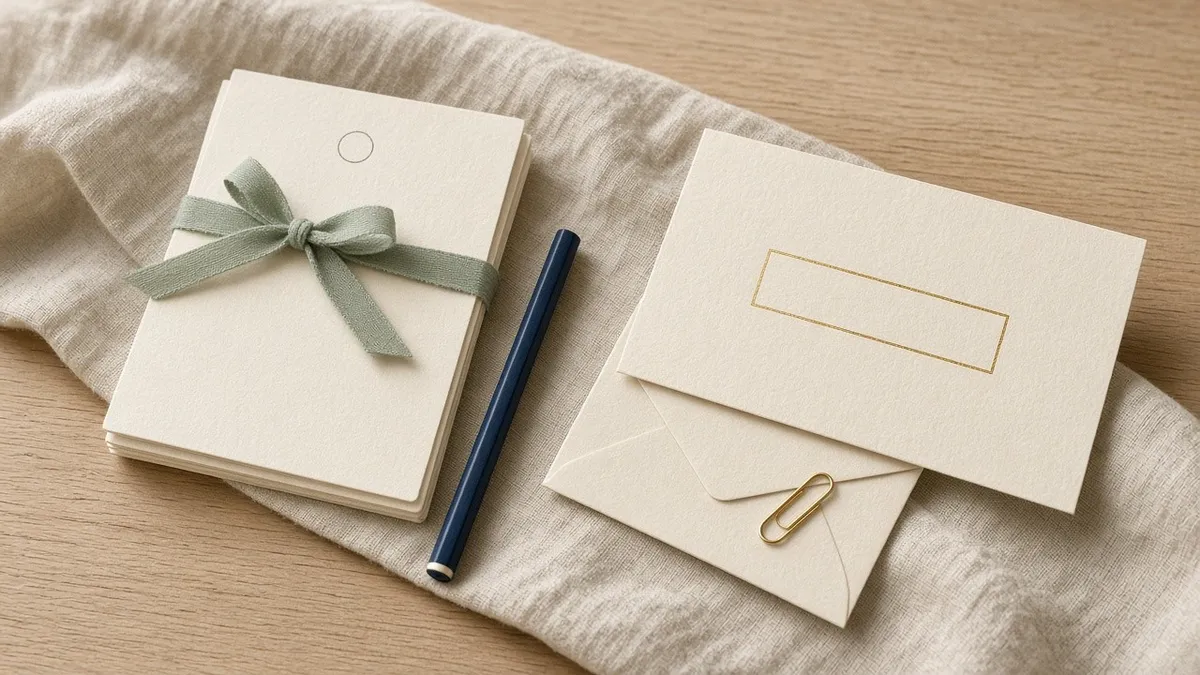A cream card stack tied with a sage ribbon sits beside a navy pencil, a blank reservation card, a cream envelope, and a gold paperclip on a linen-covered oak table.