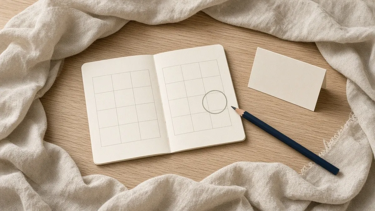 An open cream calendar with one sage-circled date sits beside a blank place card and a navy pencil on a linen-covered oak table.