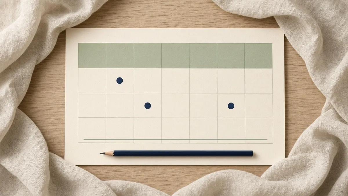 A cream property calendar on linen shows one sage-filled week, three separate navy dots, and a thin sage line under a quiet week, with a navy pencil beside it.