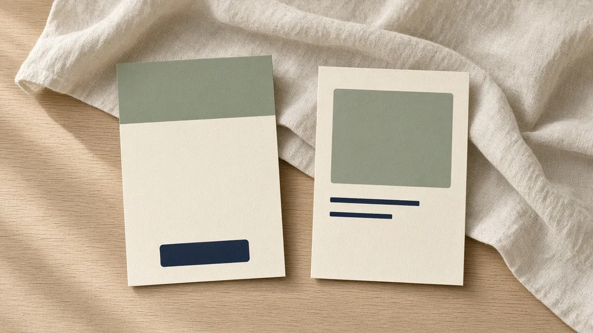 A cream card with a sage band and a blank navy button sits beside a cream listing card with a sage photo block and two navy lines, on linen.