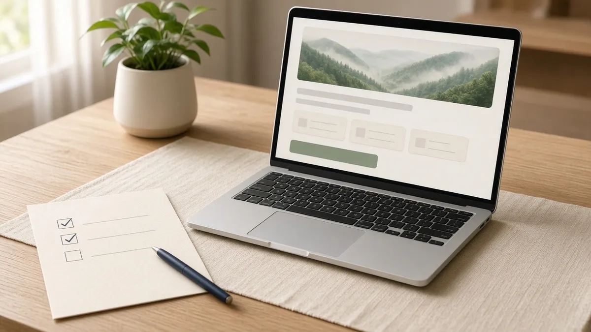A laptop on an oak desk shows a simple retreat booking page beside a checklist with two items checked, a navy pen, and a small potted plant in soft morning light.
