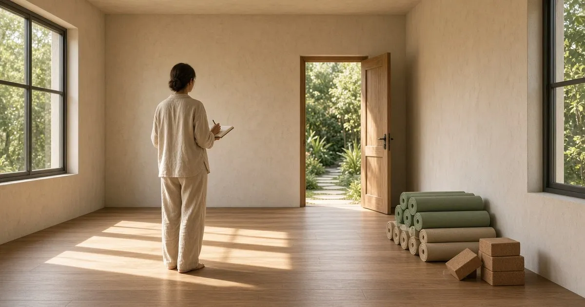 A retreat leader, seen from behind, holds a notebook in an empty sunlit practice room with stacked mats and an open door to a garden path.