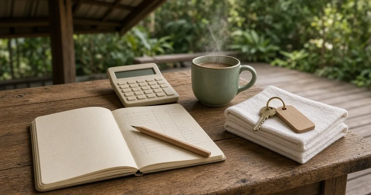 Notebook, calculator and tea on a wooden veranda table at a retreat venue, ready for working out break-even numbers.