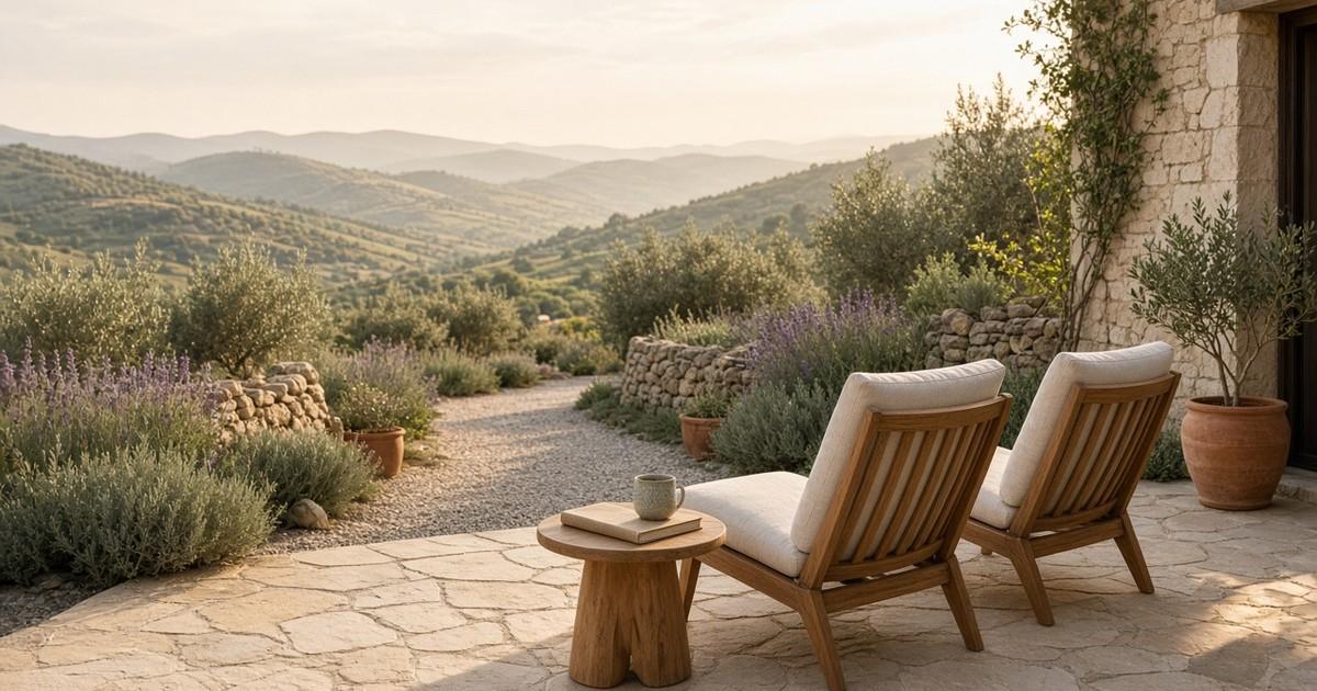 Two empty chairs and a small table with a journal and cup on a sunlit retreat terrace, beside a garden path leading toward soft green hills.