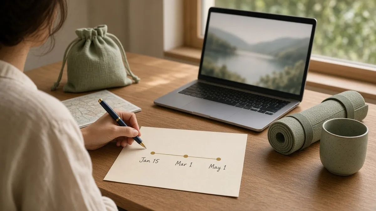 A retreat leader at a sunlit oak desk marks a simple payment timeline with three dates, Jan 15, Mar 1 and May 1, beside a laptop, a map and a rolled yoga mat.