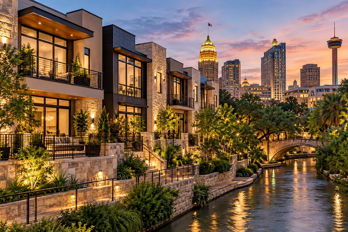 Modern luxury townhomes near the San Antonio River Walk with downtown skyline views