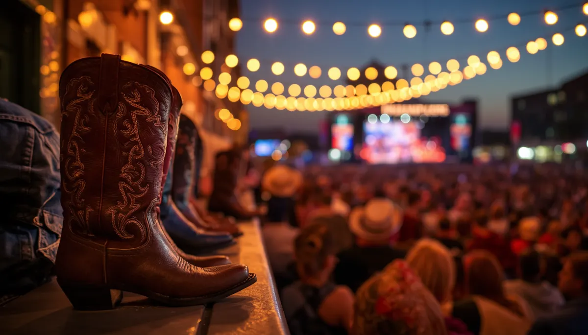 Cowboy boots overlooking a festive country concert crowd in downtown Indianapolis for a Lucas Oil Stadium event weekend.
