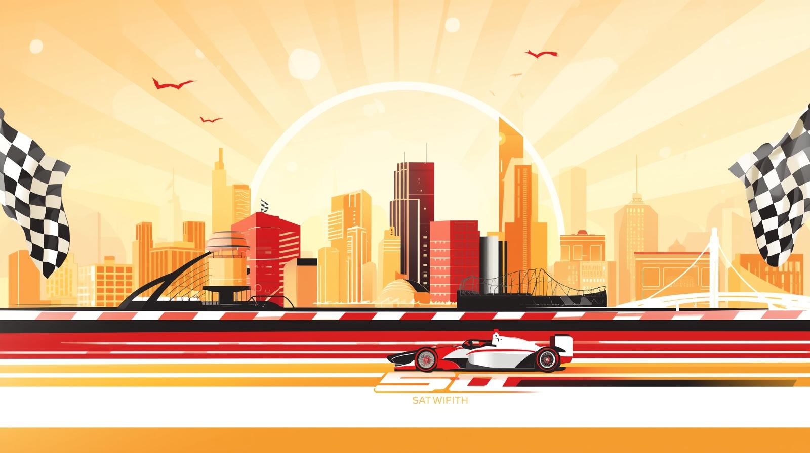 Illustrated Indianapolis skyline with checkered flags and a race car celebrating Indy 500 weekend.