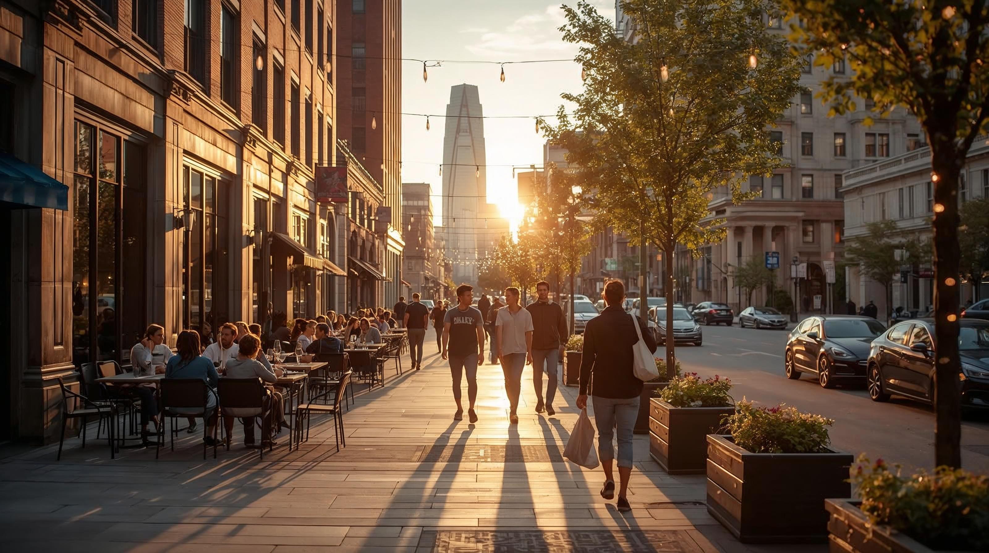 Downtown Indianapolis summer evening with people walking, outdoor patio dining, and golden-hour city views.