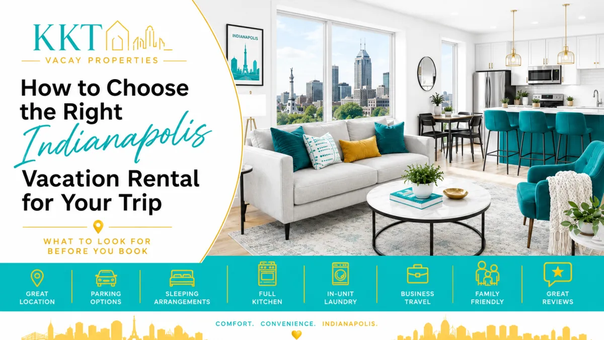 KKT Vacay Properties graphic showing a modern Indianapolis vacation rental with skyline view and tips for choosing the right stay, including location, parking, sleeping arrangements, kitchen, laundry, business travel, family-friendly features, and reviews.