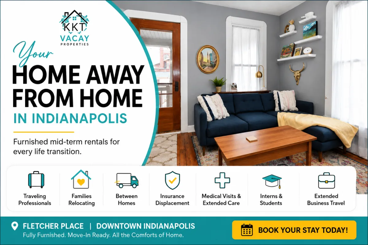 KKT Vacay Properties furnished mid-term rental in Fletcher Place, featuring a comfortable Indianapolis living room and flexible housing for extended stays.