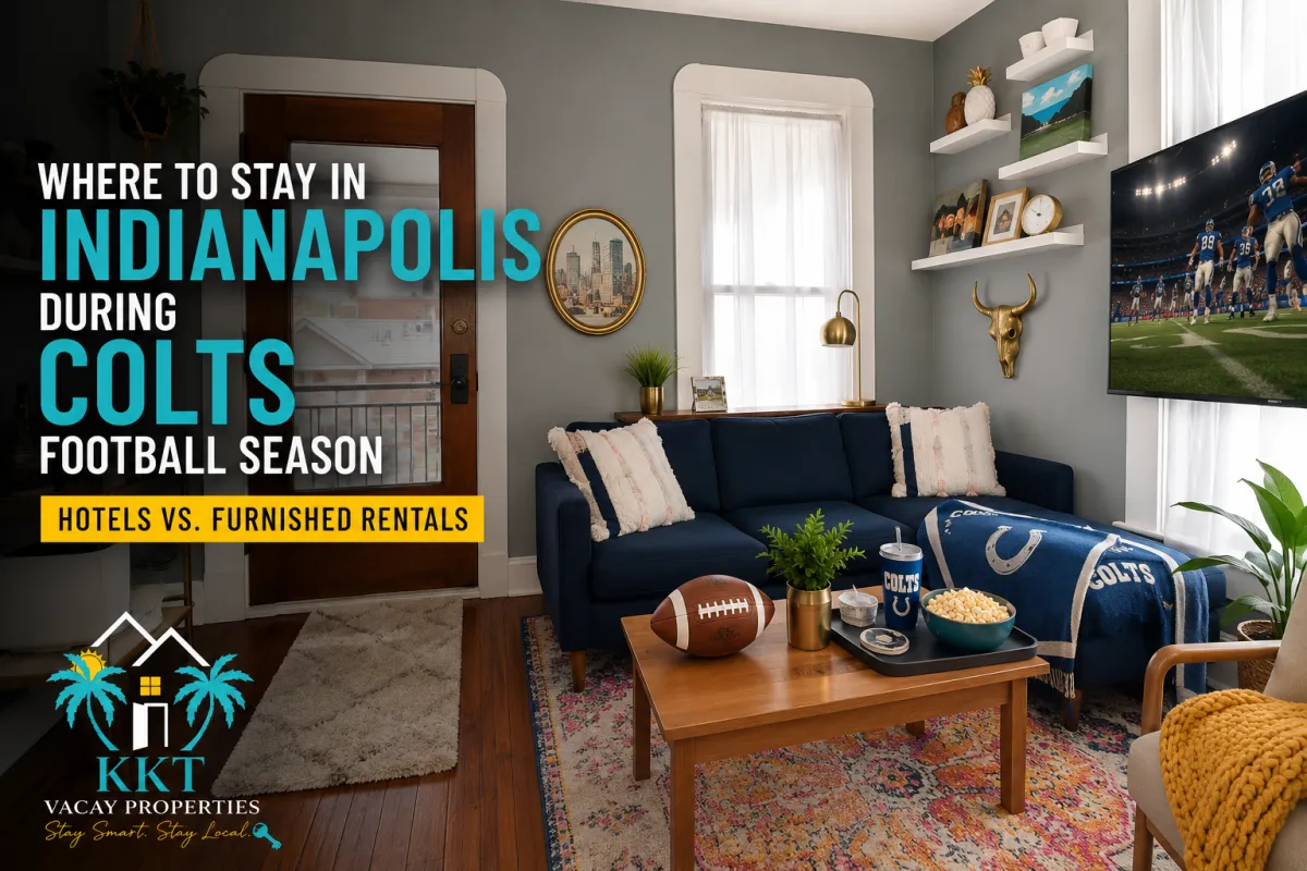Modern furnished vacation rental living room in Indianapolis decorated for football season, showcasing a comfortable alternative to hotels for Colts fans visiting downtown Indianapolis.
