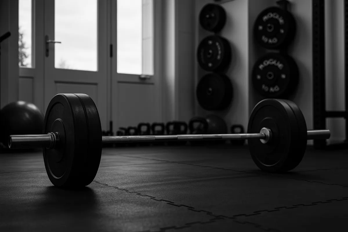 Adjustable barbell and plates on a clean floor