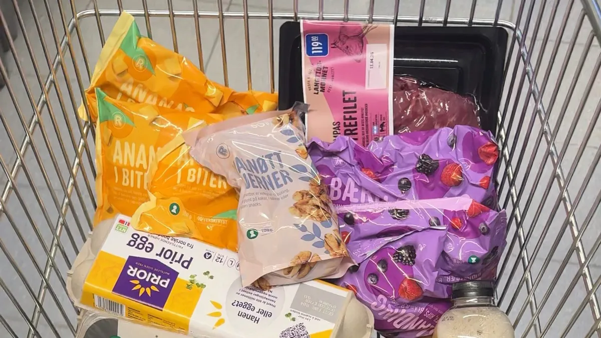 A grocery trolley with eggs, frozen pineapple, berries, chicken and nuts, for a post on building a perfect day of eating