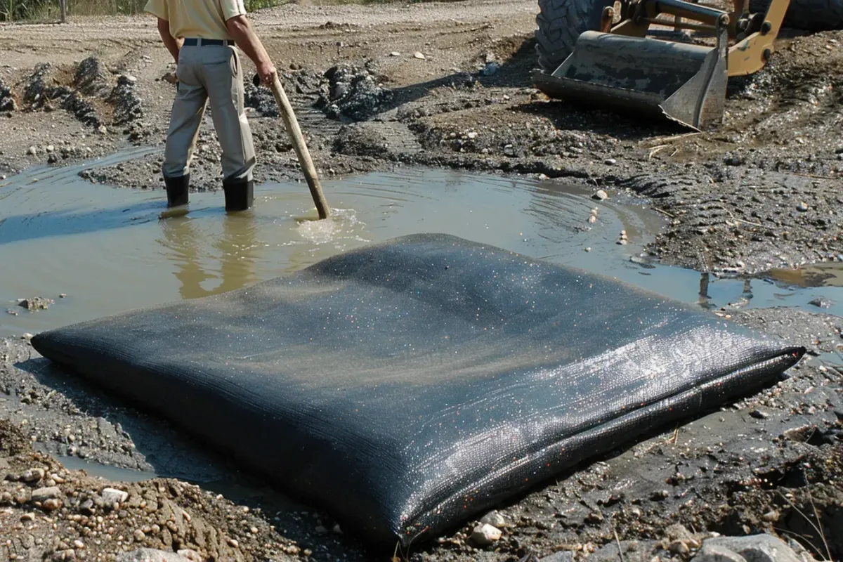 Dewatering bags that capture sediment and filter water, aiding in erosion control projects