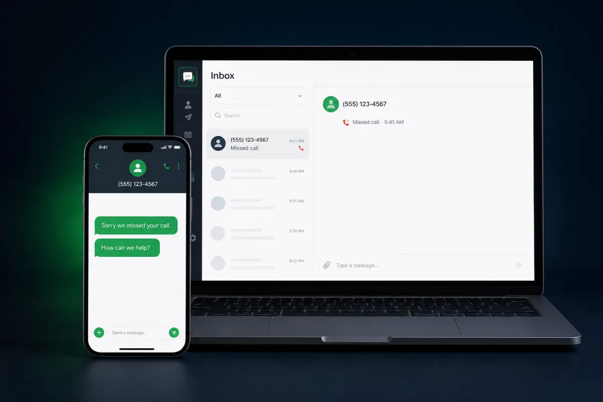 BizRig missed-call text-back shown on a phone and laptop