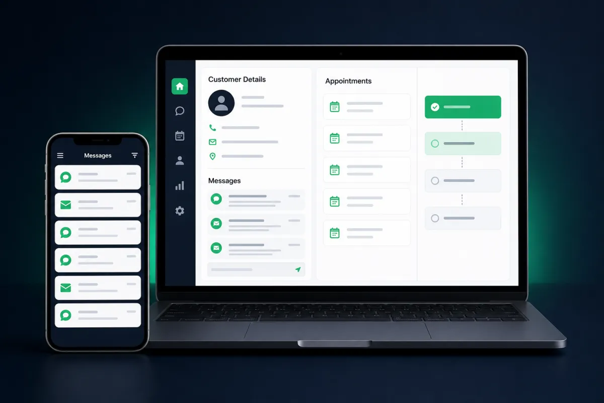 BizRig customer conversations and history shown on a phone and laptop
