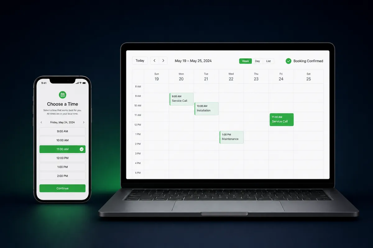 BizRig online booking calendar shown on a phone and laptop