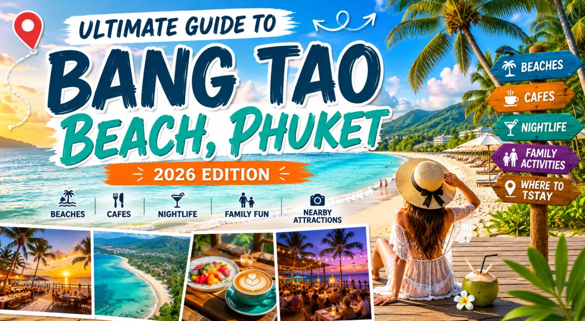Ultimate Guide to Bang Tao Beach Phuket 2026 cover image featuring tropical beaches, cafes, nightlife, family activities, and travel attractions in Phuket Thailand.