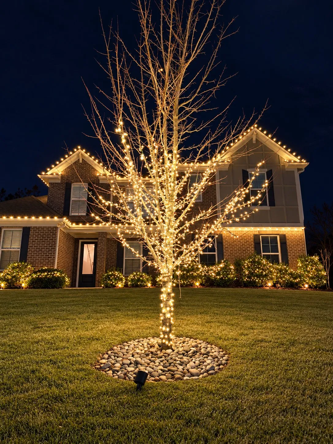 Front yard tree wrapped in warm white lights, with a lit roofline and lit bushes behind it