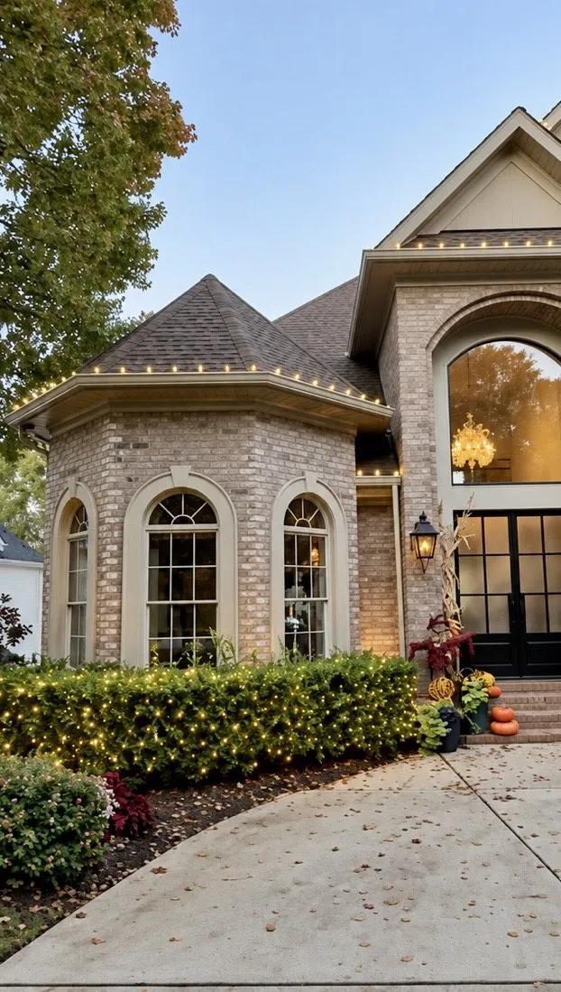 Brick home in Cornelius with net lights on the hedges and lights along the roofline