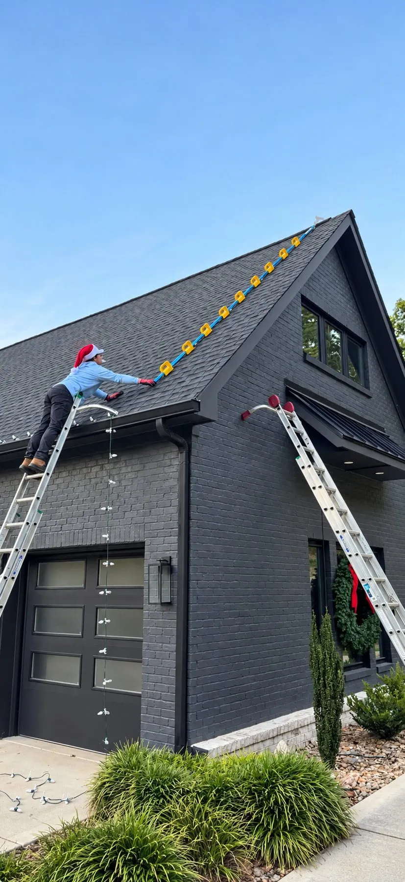 Wash Daddy crew member in a Santa hat on a ladder, fitting a light line along a roof edge
