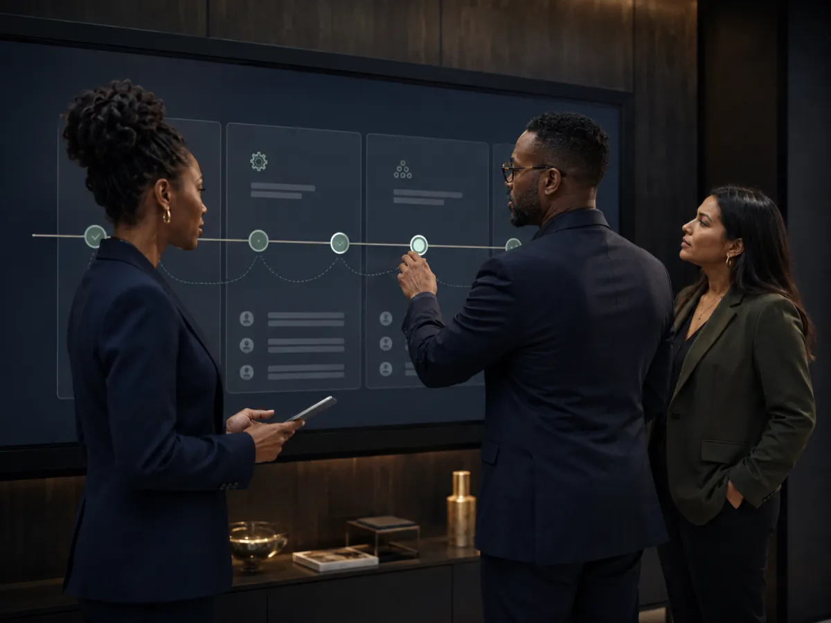 Leadership team reviewing a 90-day AI implementation roadmap