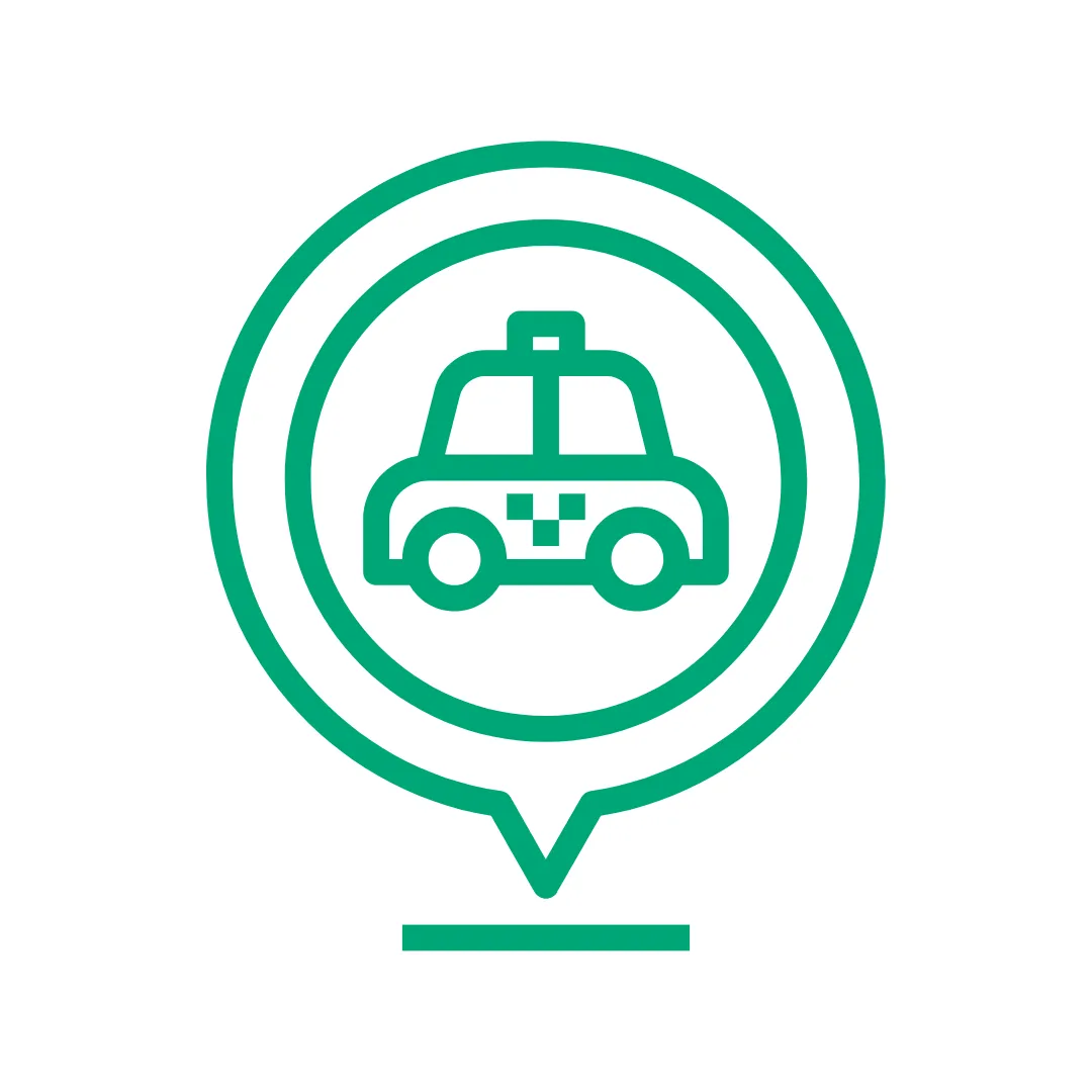 green outline icon of a location indicator with a taxi inside it to emphasize our mobile services.