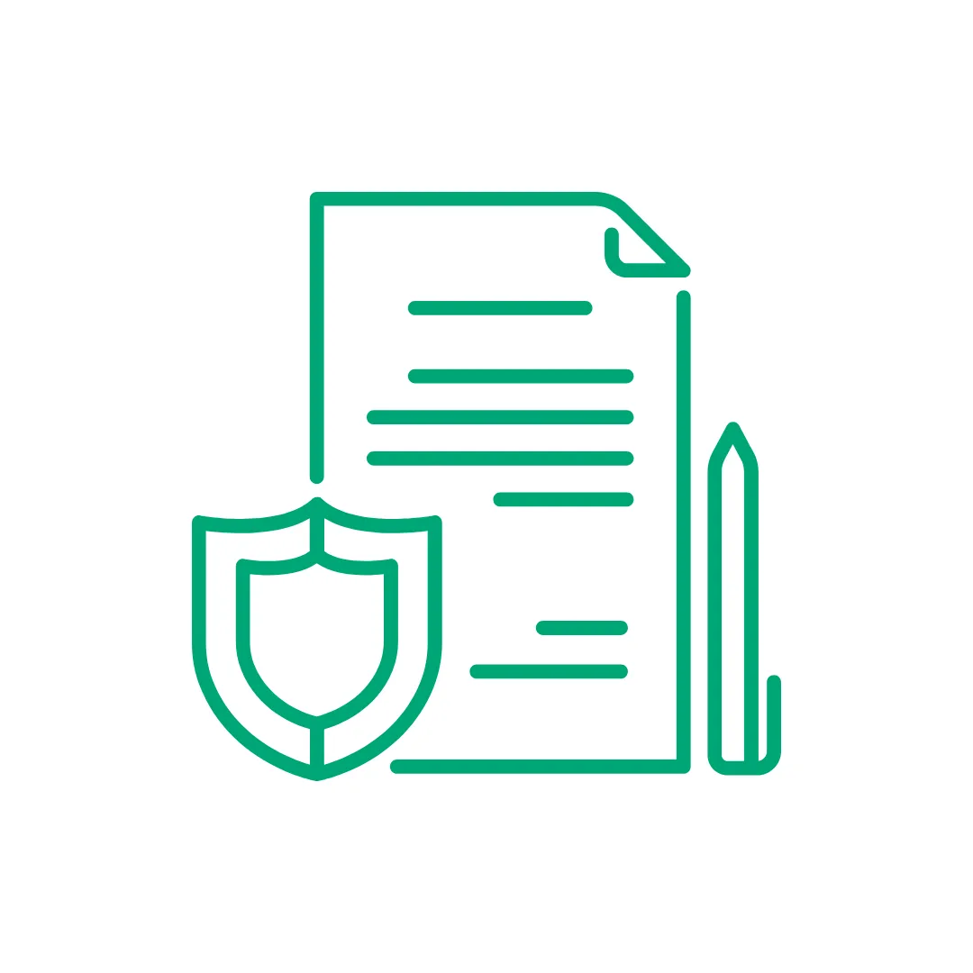 green outline icon of a piece of paper with a shield and pen to emphasize how we handle your insurance work.