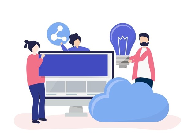 Graphic of three people brainstorming on a computer