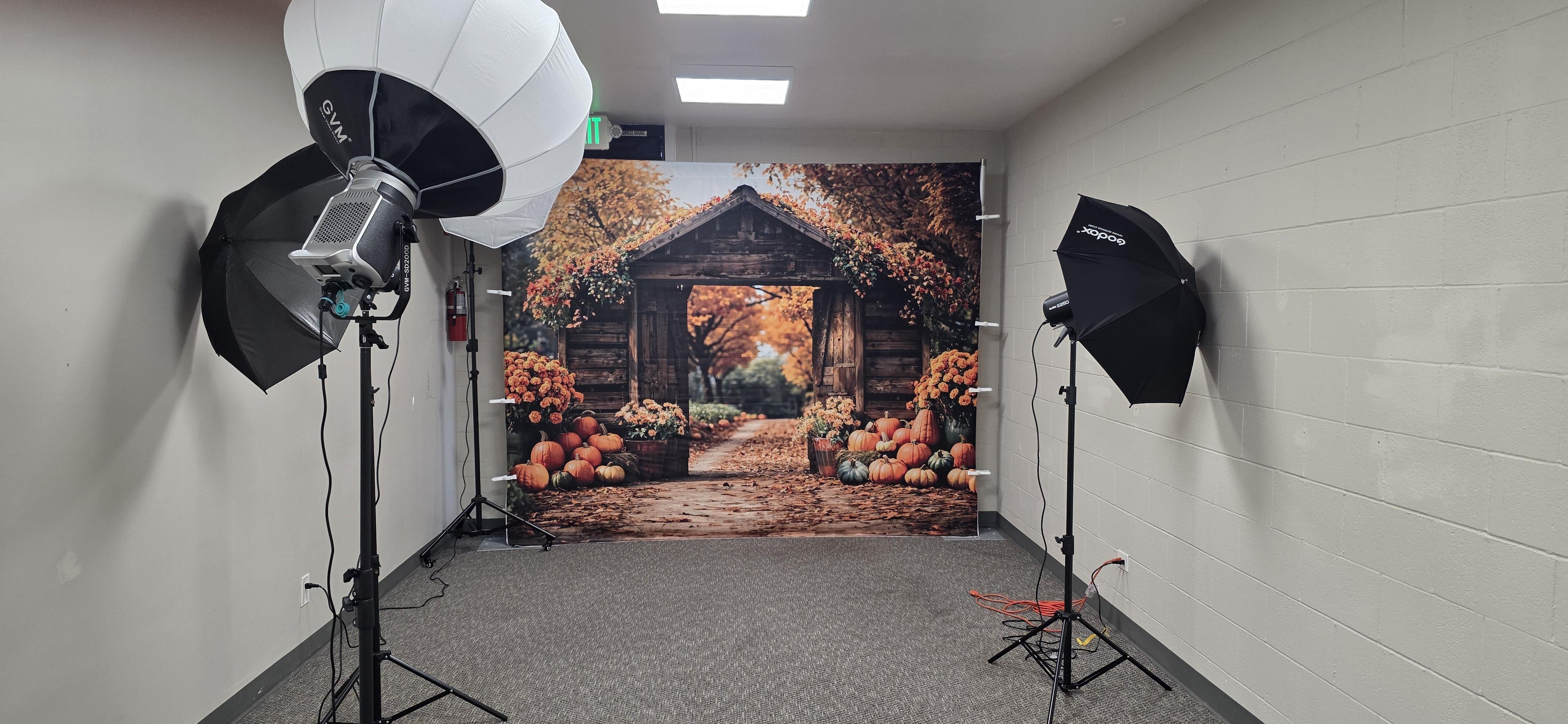 Studio 2 image of a Photography space with lights and backrop.