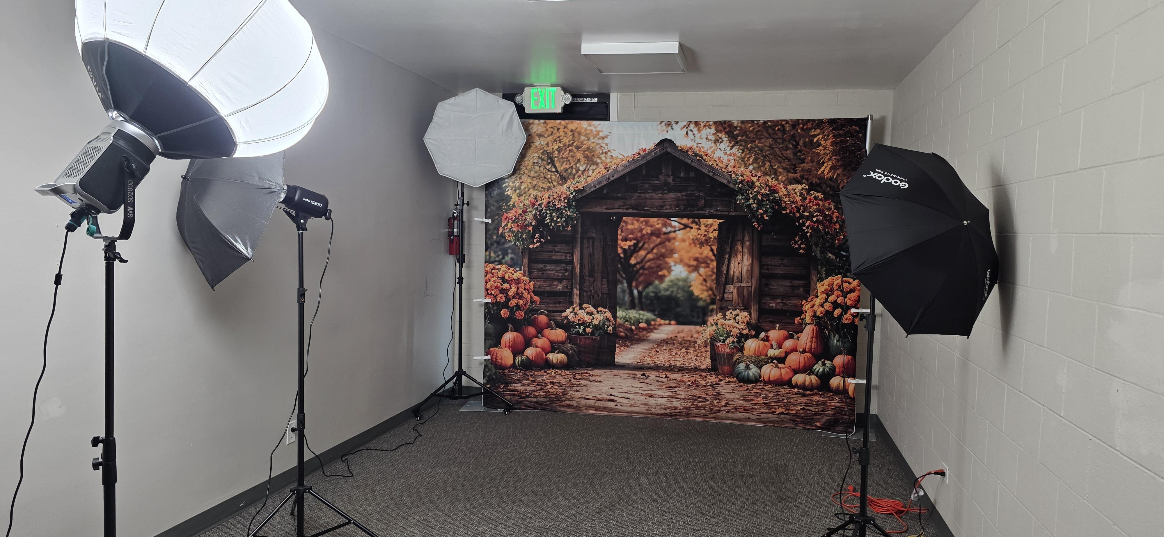 Another look at studio 2 with a light on and the backdrop for mini photo essions